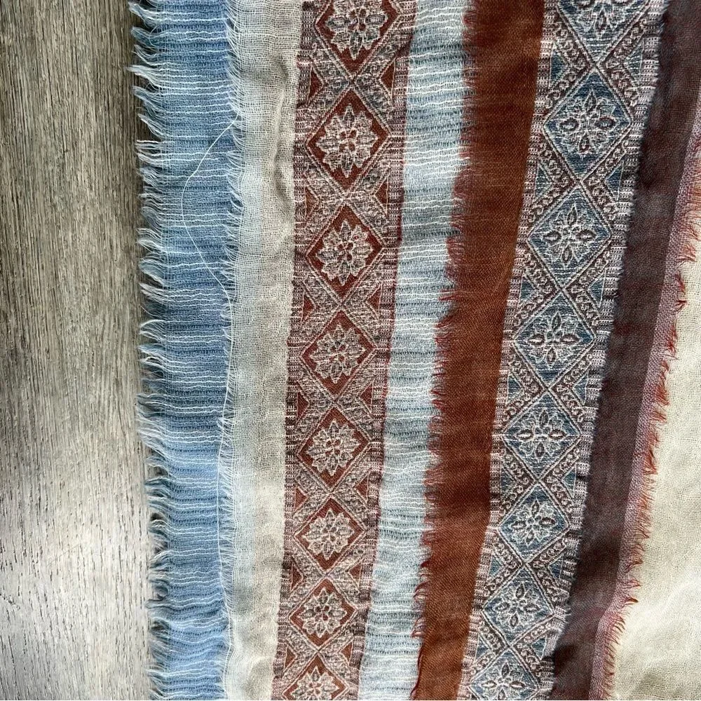 PRANA Mae Scarf Wrap Fringed Striped Tan Blue Cream Multicolored 100% Wool